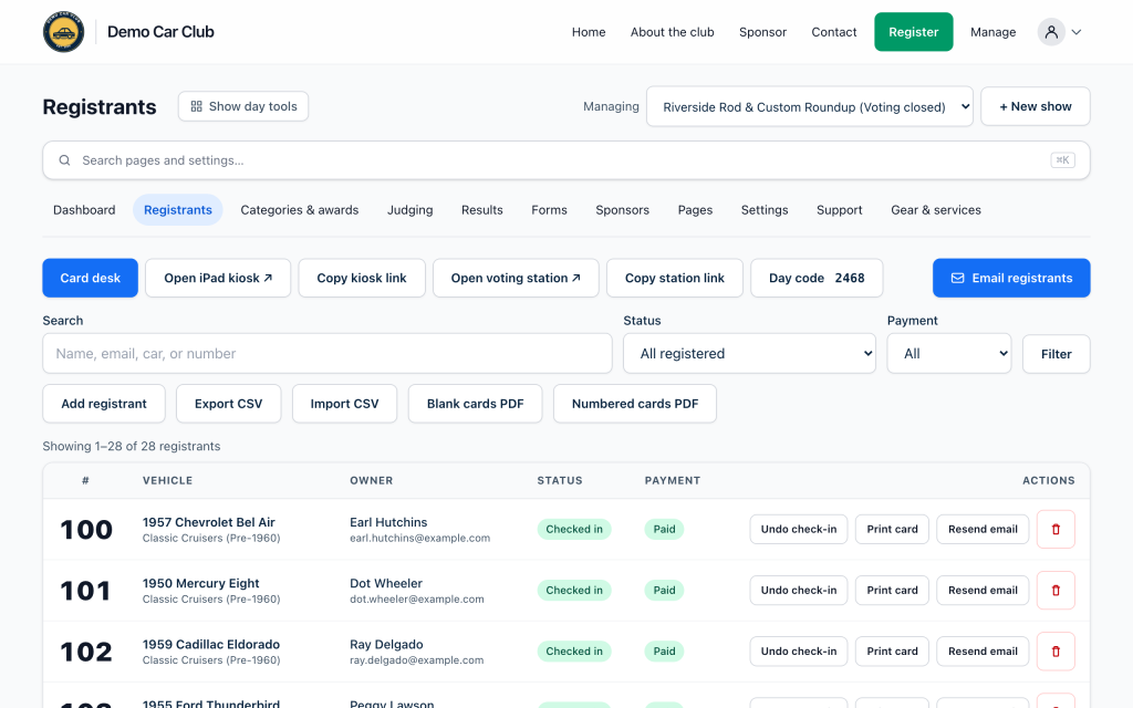 The Registrants page: the toolbar with kiosk and card actions, filters, and a row per car led by its number