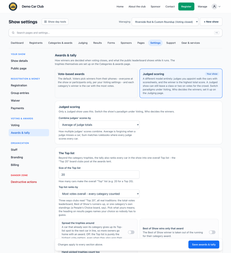 The Awards and tally settings page with the Top list and Live leaderboard sections