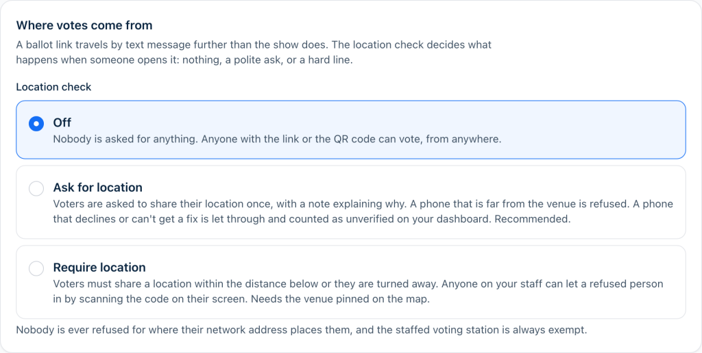 The Voting settings page with the three location check cards: Off, Ask for location, Require location