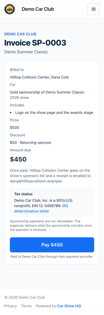 The sponsor's invoice page on a phone: the level, the price, the discount with its reason, the amount due and a Pay button