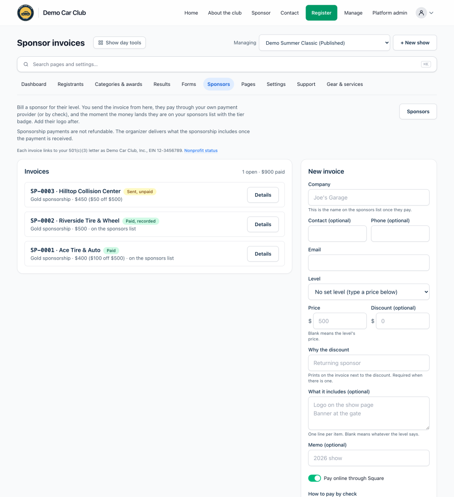 The Sponsor invoices page: a paid invoice and a recorded one in the list, and the New invoice form beside them
