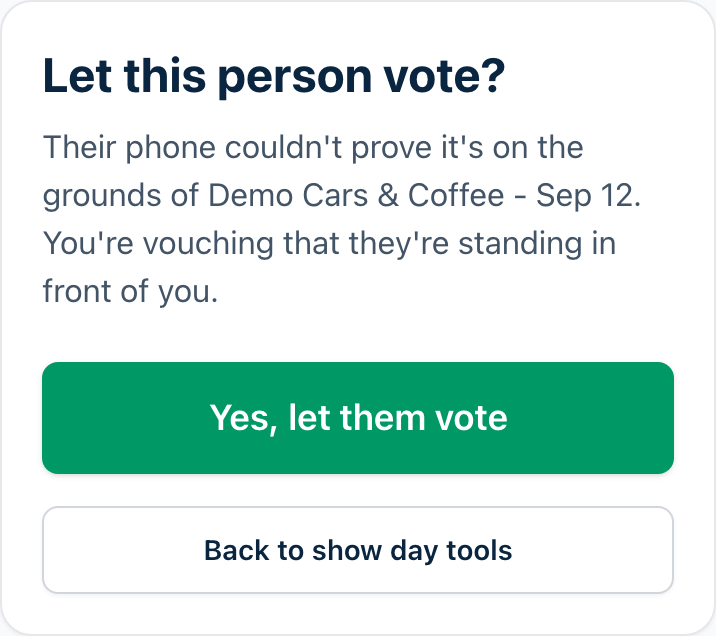 The staff member's phone after scanning: Let this person vote? with a Yes button