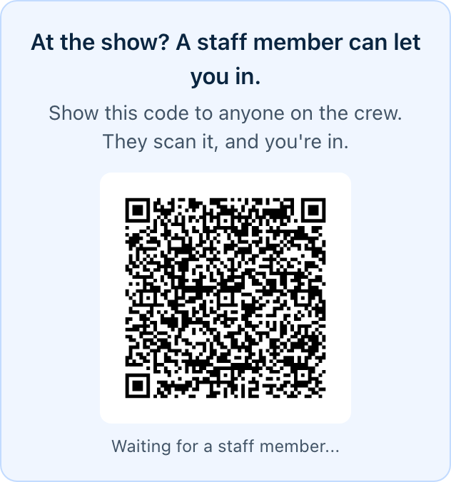 The refusal screen on a voter's phone: At the show? A staff member can let you in, with a QR code