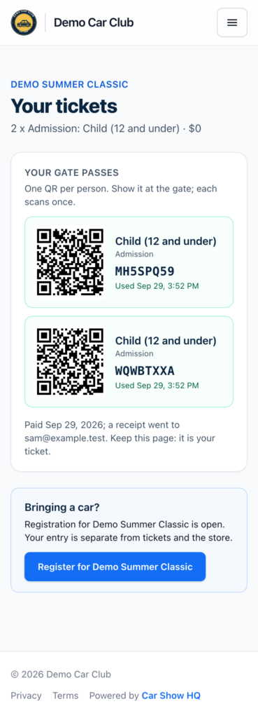 A buyer's order page on a phone: two gate passes with a QR each and their codes, marked ready