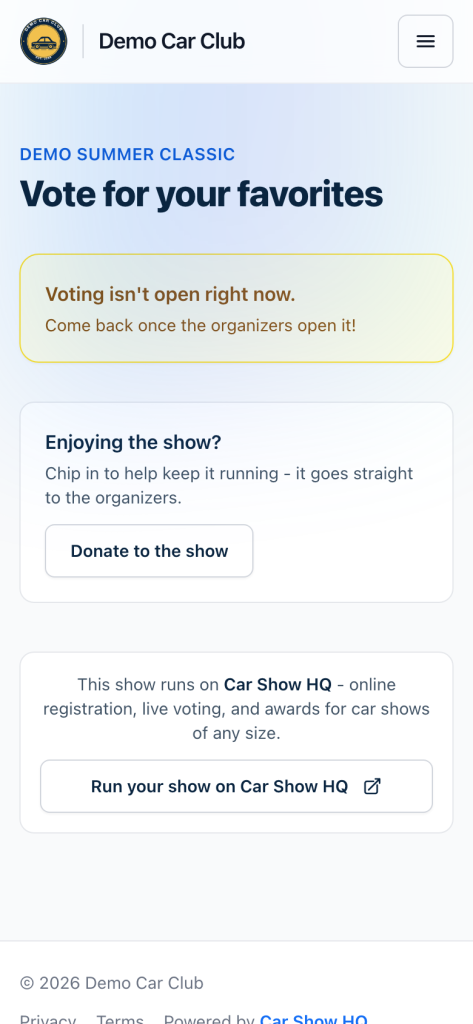 The voting page on a phone with the car number field