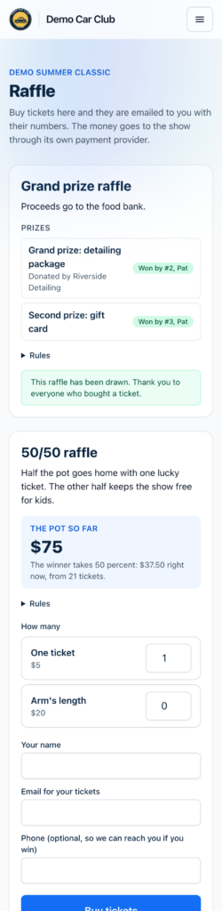 The public raffle page on a phone: the prizes, the bundles with a quantity box each, and the buy form