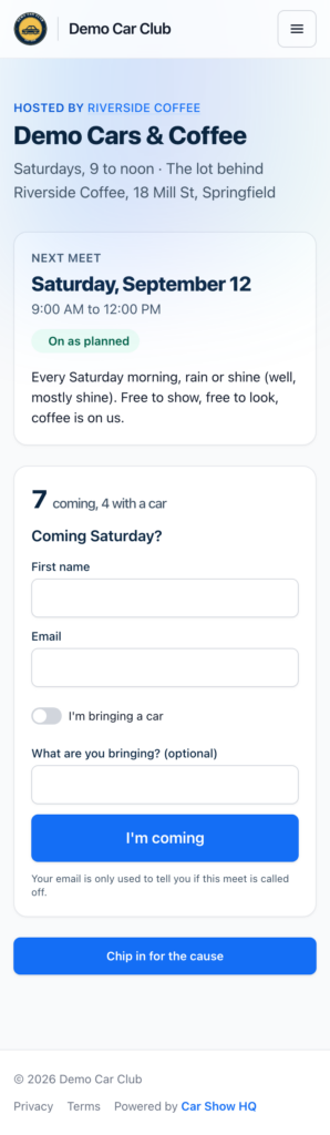 A series page on a phone: the meet's name and rhythm, Hosted by the coffee shop, the next Saturday with On as planned, then the headcount and the I'm coming form