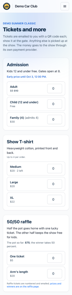 The public store page on a phone: Admission with Adult, Child and Family options and a quantity box each, then the show T-shirt