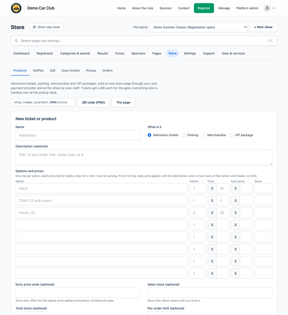 The Store's Products tab: the new product form with option rows for price, early price and stock, and the list of what's on sale